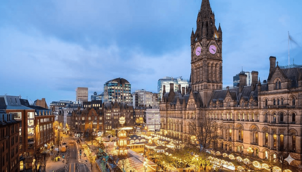 albert square manchester in evening 