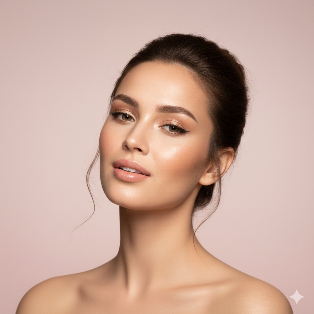 portrait of a woman, hair up, tanned