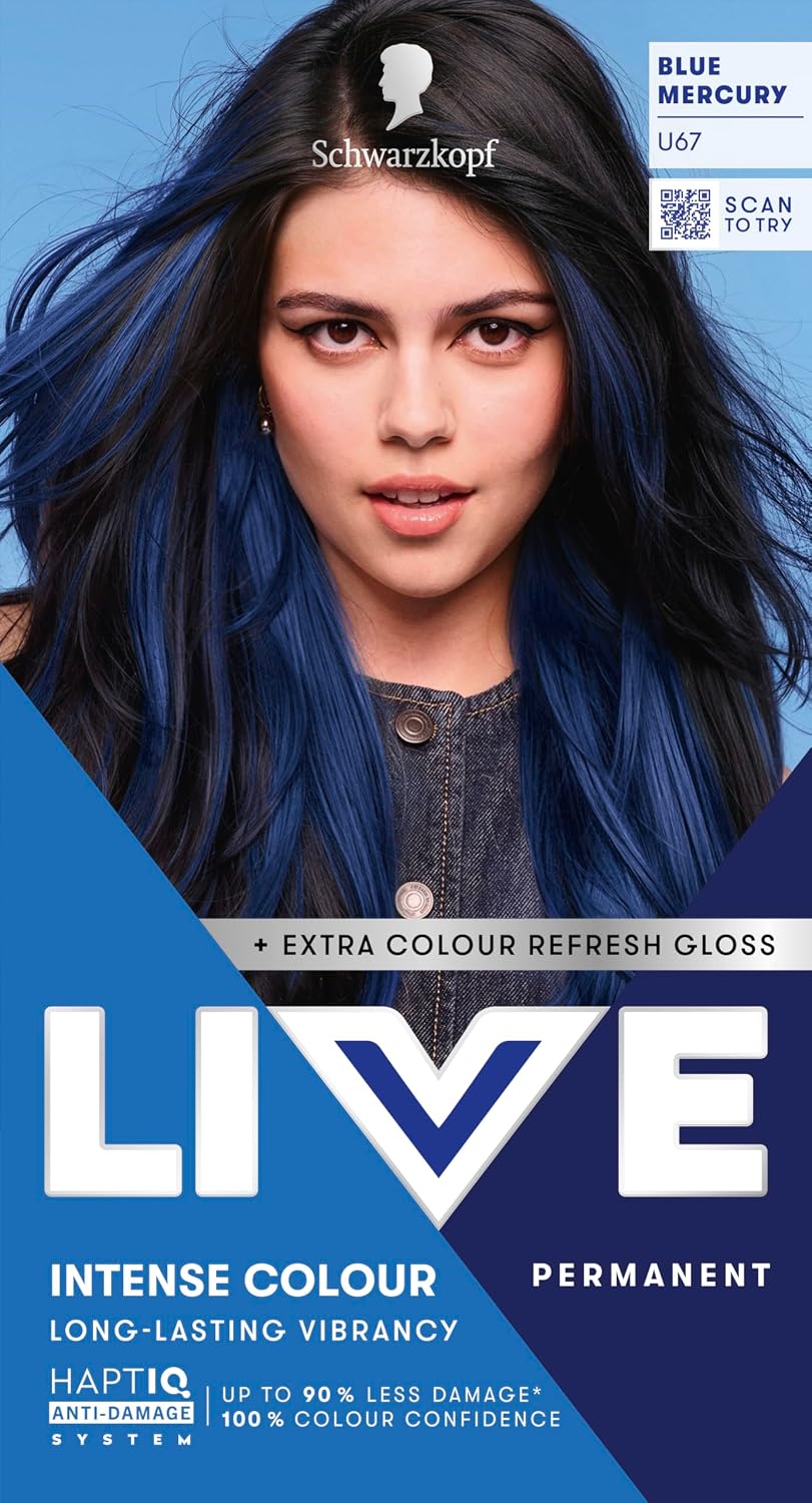 Schwarzkopf LIVE U67 Blue Mercury: Long-lasting Permanent Hair Dye with Gloss Boost